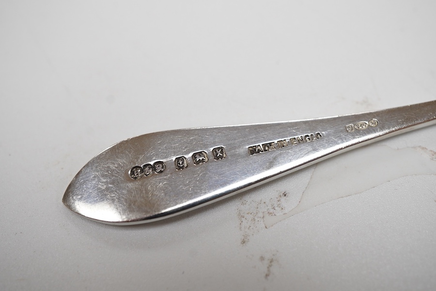 Two cased sets of six George VI silver teaspoons, Haseler & Restall, Birmingham, 1947, together with three assorted 19th century silver berry spoons.